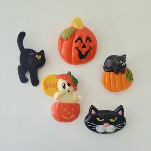 Vintage 80s/90s Halloween Plastic Pinbacks Cat Pumpkin Hallmark AG Lot Of 5